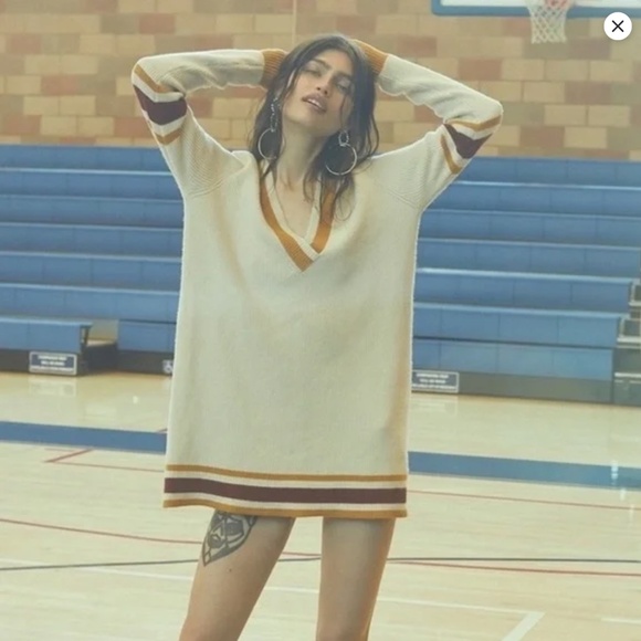 For Love and Lemons Ivy League Sweater Dress Cream with Maroon & Gold Stripes XS - Picture 3 of 15